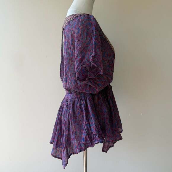 Free People Purple Paisley Embroidered Drawstring Waist Boho Blouse - Picture 4 of 12